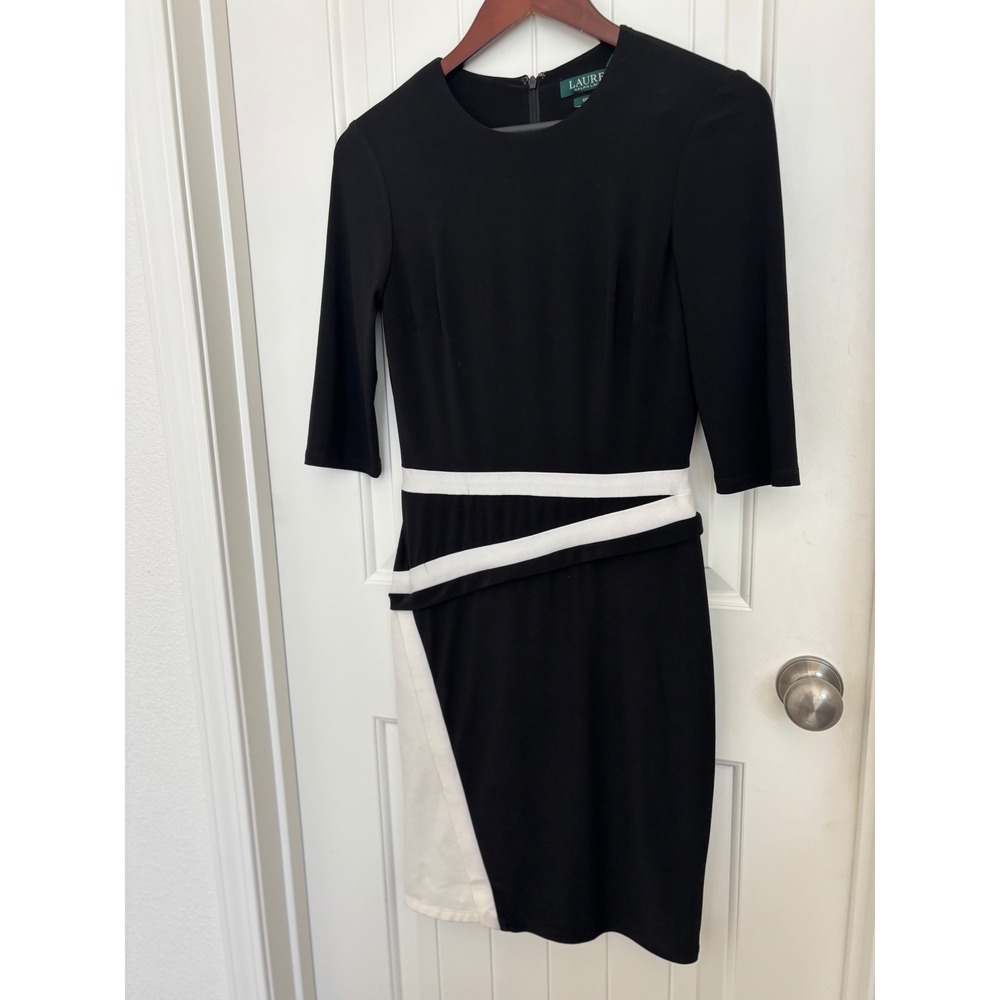 Lauren‎ Ralph Lauren Sheath Dress Size 0 Color Block Party Cocktail  Black White